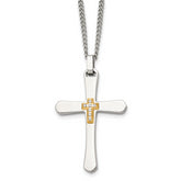 Chisel Stainless Steel Polished with 14k Gold Accent 1/15 carat Diamond Cross Pendant on a 22 inch Curb Chain Necklace